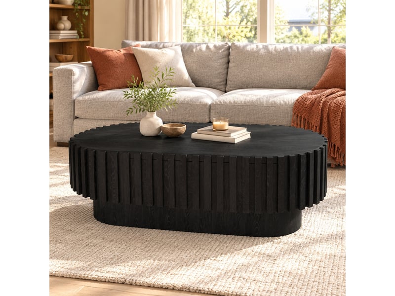  Table basse ovale avec 1 tiroir et base stable, décor à lamelles verticales, en mdf noir, pour salon, 100×50×35,5 cm  - Conforama C