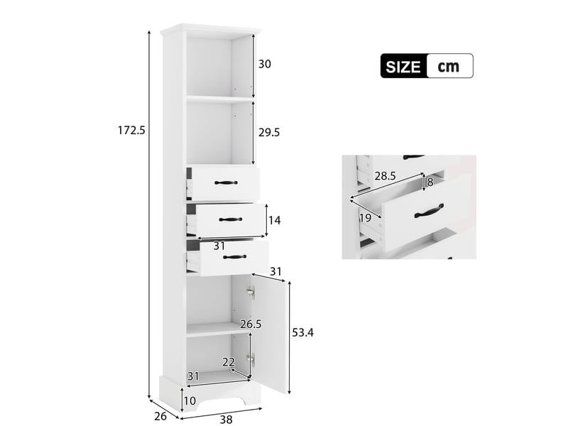 Meuble de salle de bain 38x26x172,5 cm avec ses 3 tiroirs, rangement ajustable, armoire de rangement, en mdf blanc - Conforama C