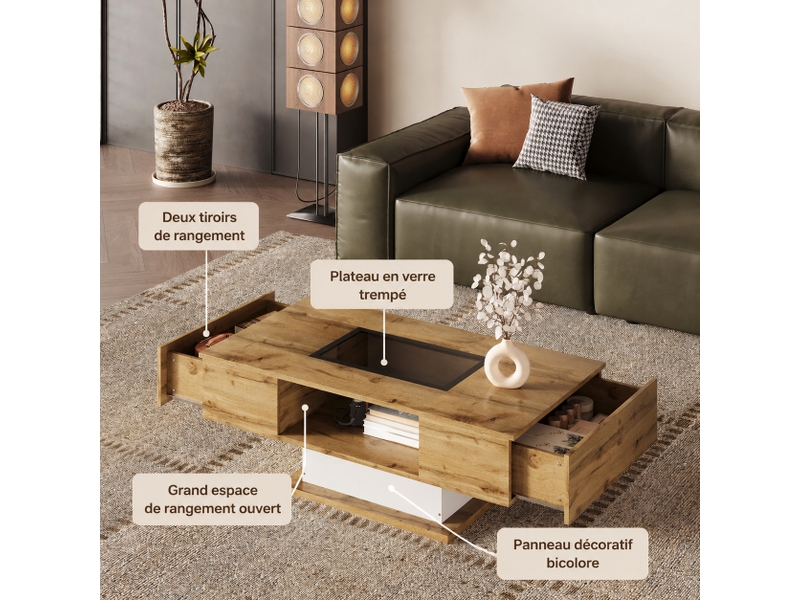  Table basse avec 2 tiroirs, plateau en verre et éclairage led réglable, 110 x 60 cm  - Conforama E