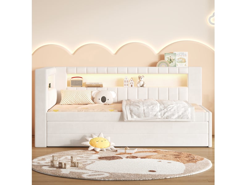  Lit banquette 90x200 cm blanc avec lit gigogne, 3 tiroirs, led et usb  - Conforama B