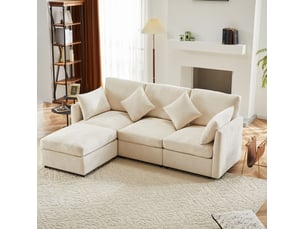 Canapé d'angle modulable 216x161x81 cm avec pouf mobile en chenille beige
