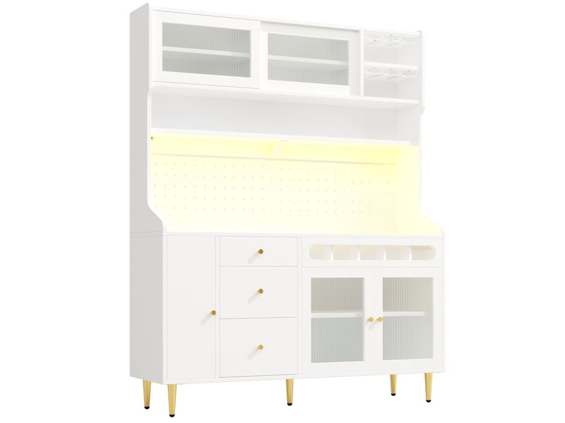 Buffet haut 145x39x171 cm blanc en mdf et verre, led, 3 étagères réglables pour cuisine et salon  - Conforama D