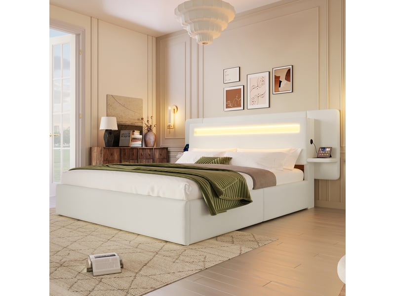  Lit coffre rembourré 140 x 200 cm, lit double avec rangement hydraulique, chevet intégré, port usb et éclairage led multicolore,beige evarich - Conforama E