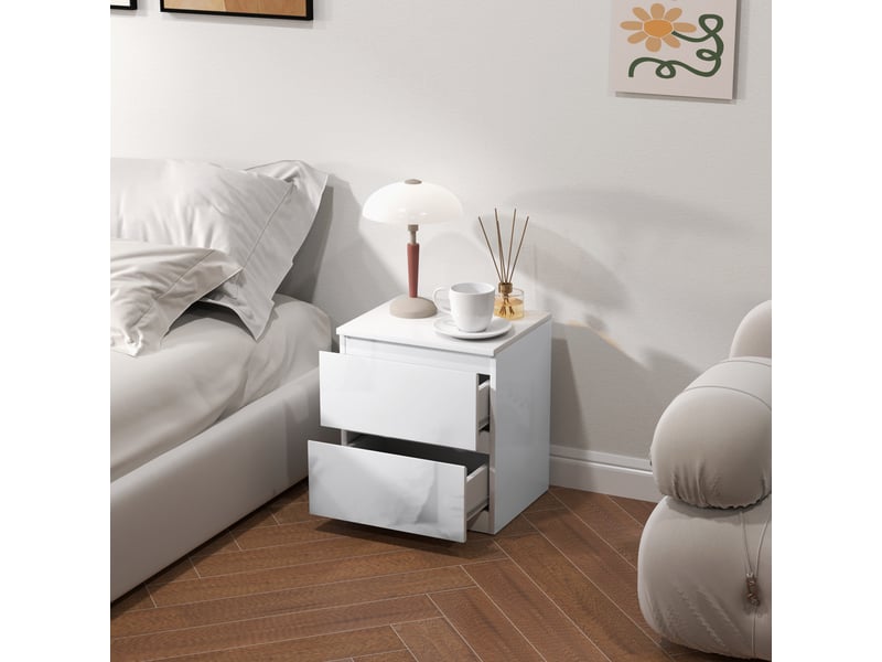 Table de chevet à 2 tiroirs, idéale pour la chambre ou le salon, 40 x 34 x 45 cm, blanc brillant  - Conforama D