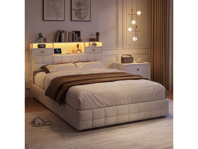  Lit 140x200 avec 4 tiroirs, lit adulte avec led rgb et ports de charge, lit double, tête de lit avec rangement intégré, tissu velours, moderne, beige  - Conforama D