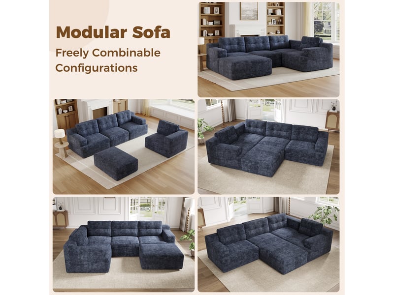 Canapé modulable 5 places, revêtement en chenille bleu confortable, canapé d'angle forme l ou u, sans montage requis pour salon & grand séjour - Conforama D