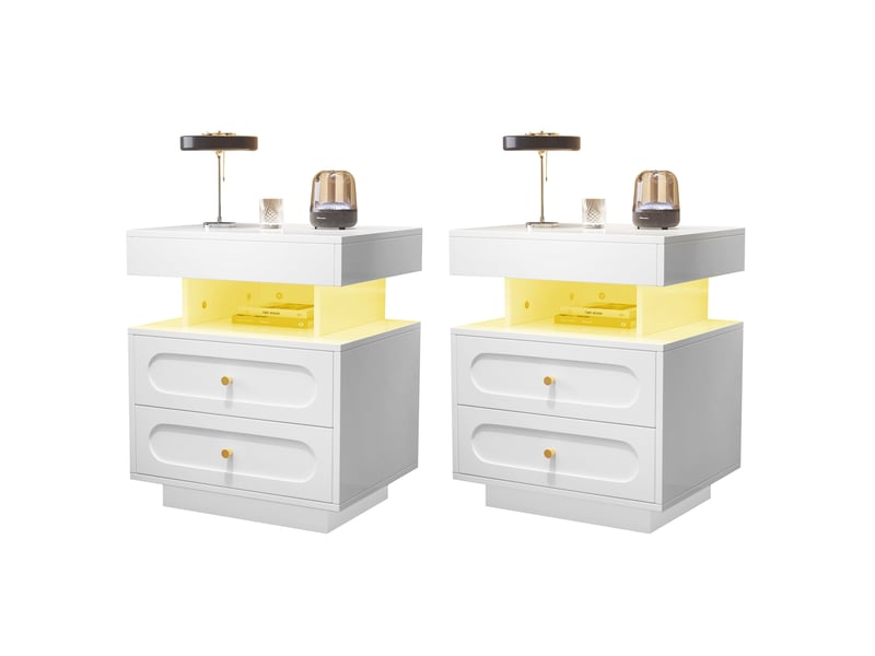  Table de chevet led 100x40x60 cm 2 tiroirs 1 rangement ouvert panneau de particules blanc  - Conforama E