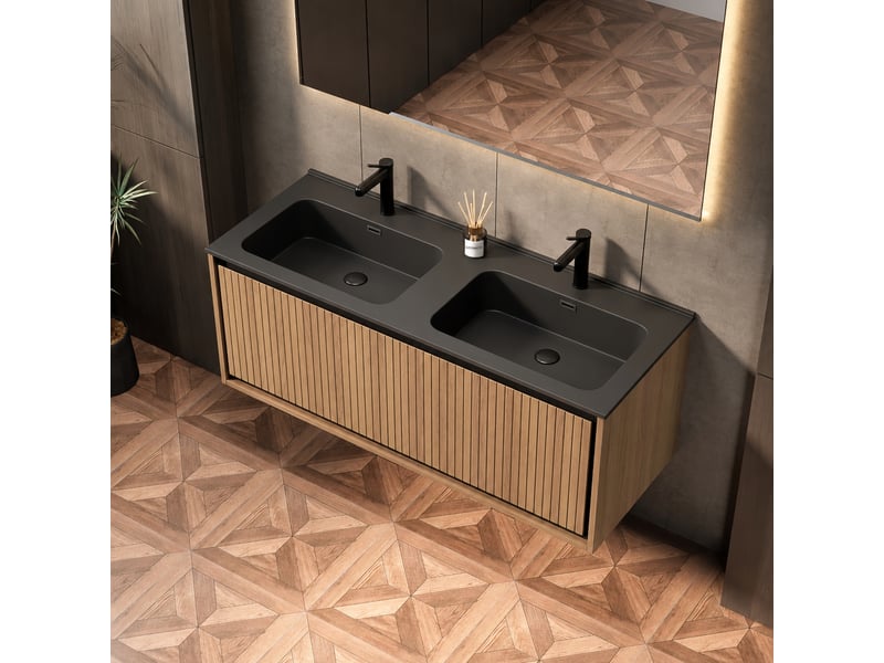  Meuble salle de bains suspendu 120 cm avec double vasque, finition chêne et résine noire  - Conforama E