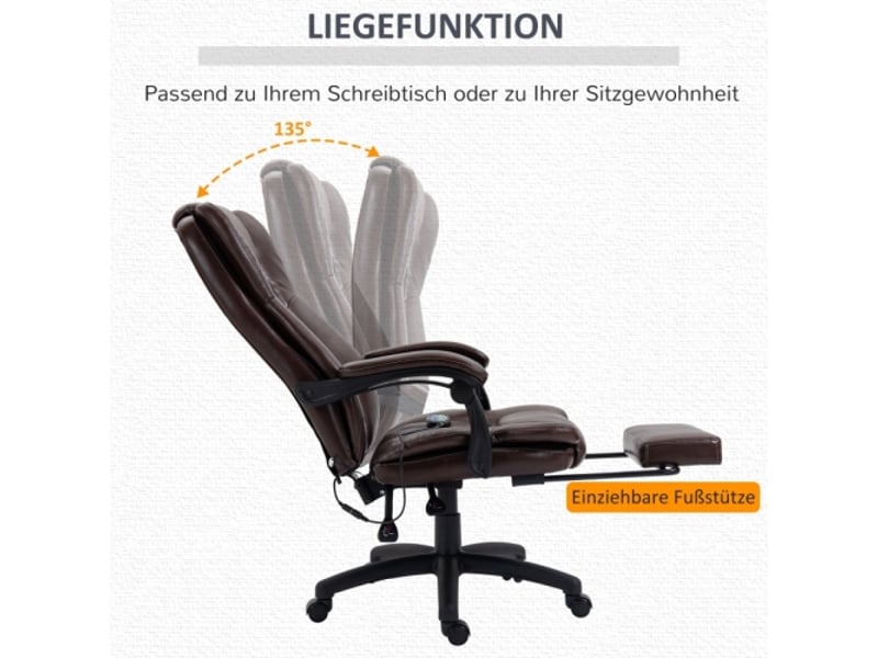 Chaise de bureau massante en similicuir marron, appui-tête, repose-pieds, réglable, 68,5x68,5x113-121 cm - Conforama E
