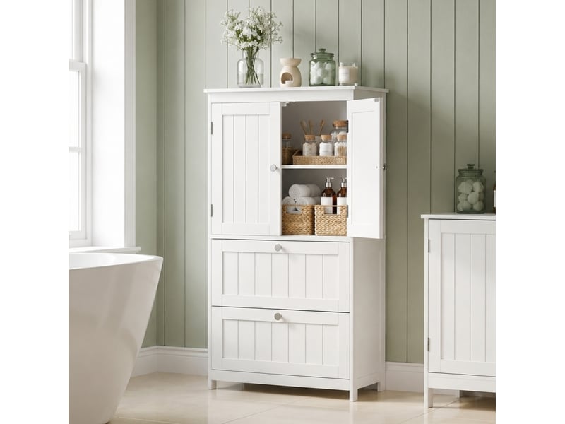  Armoire de salle de bains sur pied 60 x 30 x 110 cm avec 2 tiroirs, 2 portes blanche  - Conforama B