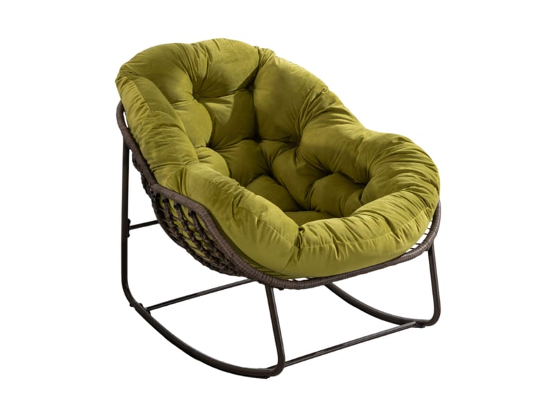 Fauteuil à bascule extérieur en résine tressée vert olive avec coussin, structure acier et mouvement doux - Conforama A