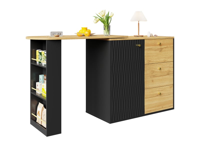  Table de bar extensible et mobile 138-204×39×104 cm, rotative à 360°, îlot de cuisine haute avec rangement, buffet moderne  - Conforama C