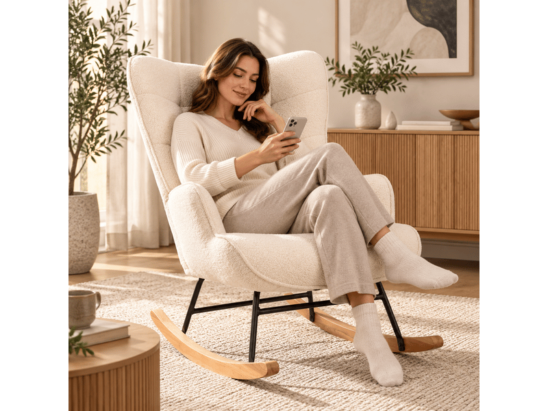  Chaise à bascule, fauteuil a bascule avec polaire sherpa, allaitement fauteuil pour salon, chambre, balcon, beige  - Conforama R