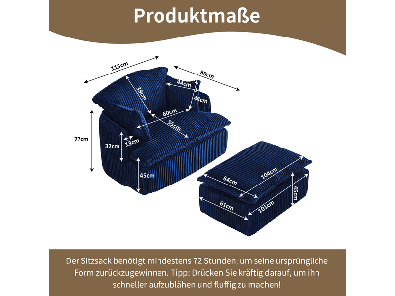 Fauteuil cloud bleu en velours côtelé avec pouf, mousse haute densité, idéal pour les petits espaces - Conforama C