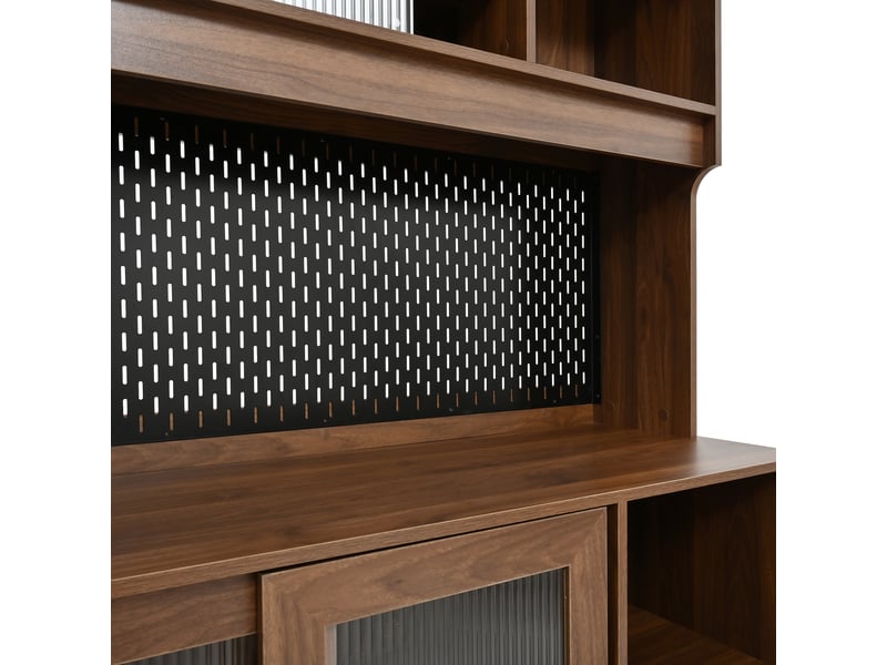 Buffet cuisine 4 portes coulissantes et 2 tiroirs, 117 x 30 x 170 cm, panneau perforé, niches ouvertes et pieds surélevés, mdf, couleur noyer Morn Vibe - Conforama E