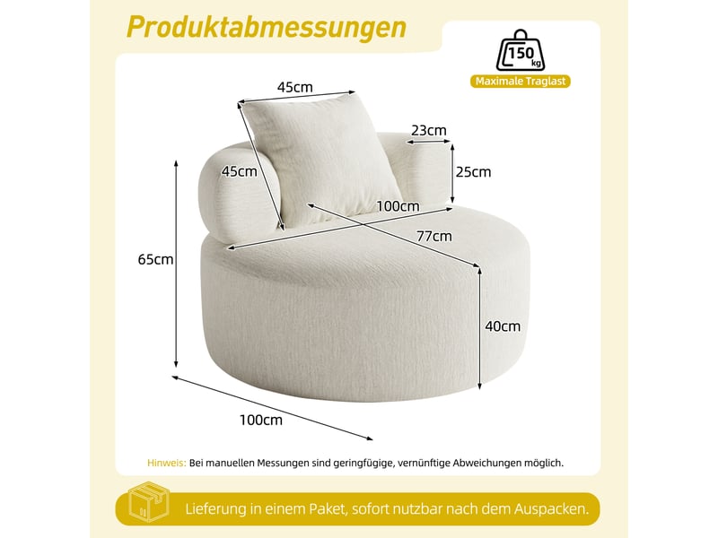 Fauteuil relax rond 1 place en chenille beige, 100x100x65 cm - Conforama C