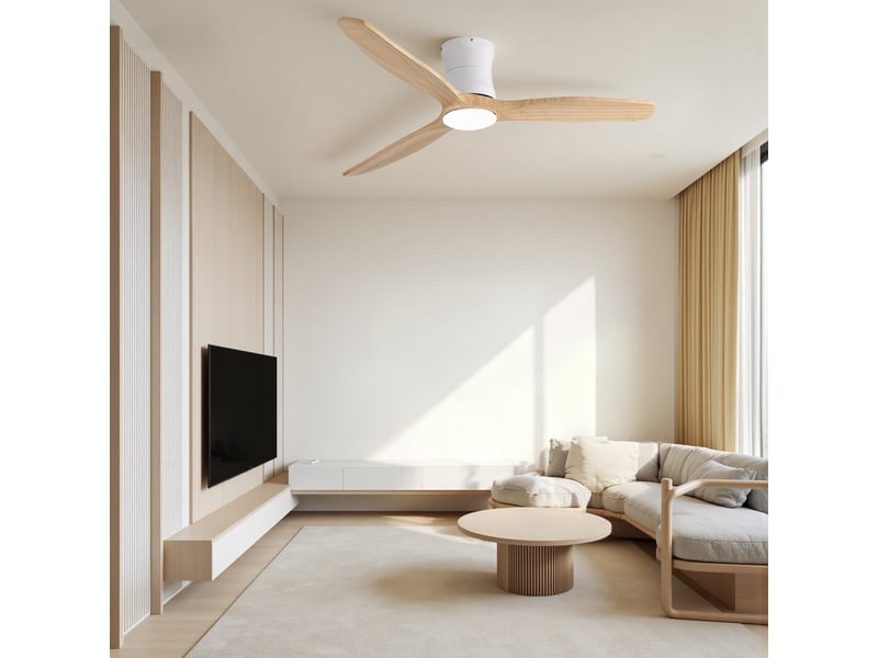  Ventilateur de plafond 132 cm avec éclairage et télécommande, luminaire de ventilateur silencieux pour chambre et salon, 3 pales en bois massif, blanc  - Conforama D