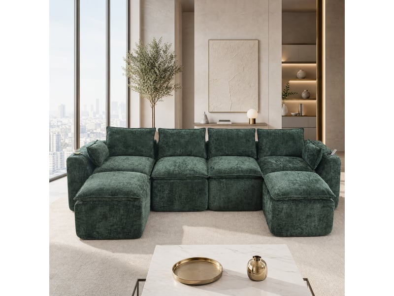 Canapé modulaire 4 places modenvie avec 2 poufs, coussins, porte-gobelets et poches latérales en chenille vert foncé  - Conforama B