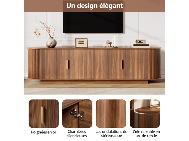  Meuble tv 180 cm façade ondulée, mdf et panneaux agglomérés,4 portes et poignées métal,noyer  - Conforama D