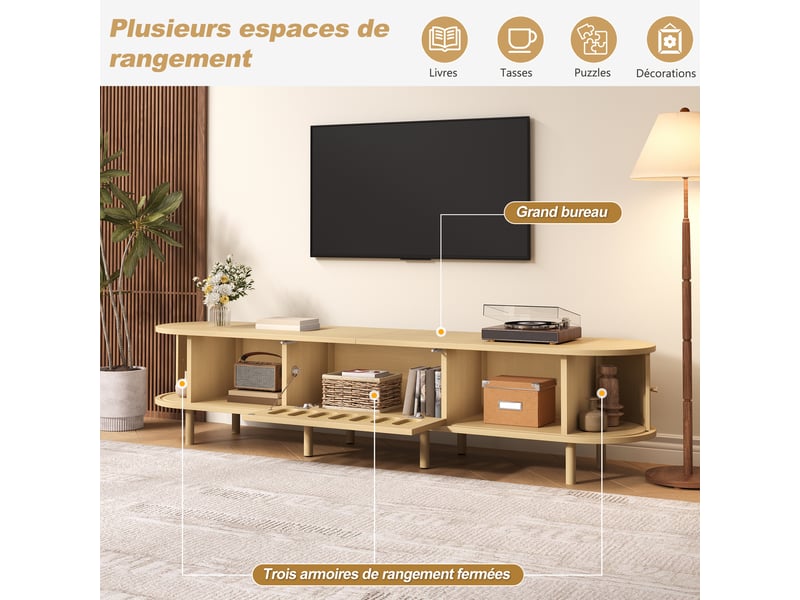  Meuble tv 180 cm pour écran jusqu’à 75 pouces, 2 portes à rideau, 1 porte abattante effet rotin, 5 rangements fermés, mdf effet bois naturel  - Conforama E