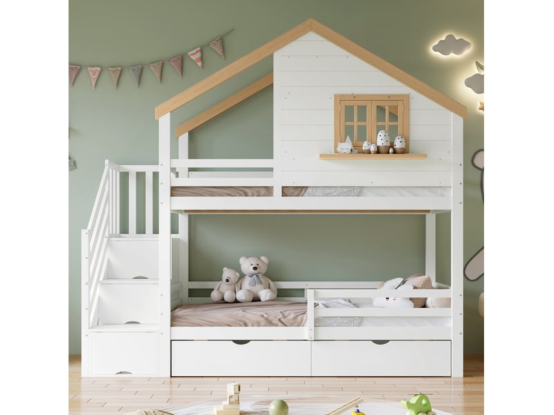Lit superposé 90x200 cm avec escalier de rangement, pin et mdf, blanc et naturel - Conforama D