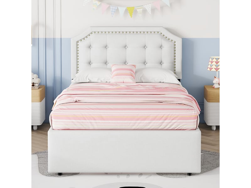  Lit rembourré beige clair 90x200 cm avec détails cloutés et 2 tiroirs de rangement  - Conforama B