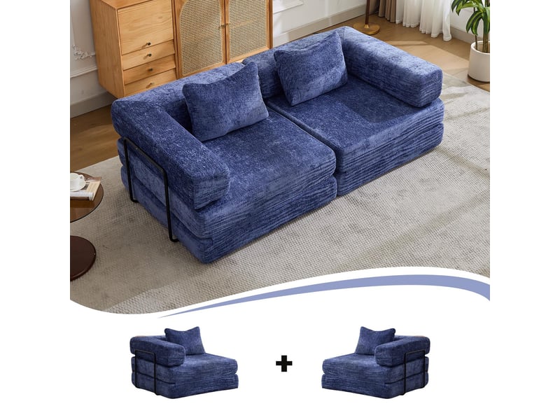  Canapé convertible 2 places - 200x100x63cm - canapé lit modulaire tissu chenille matelas ressorts ensachés - bleu foncé  - Conforama D