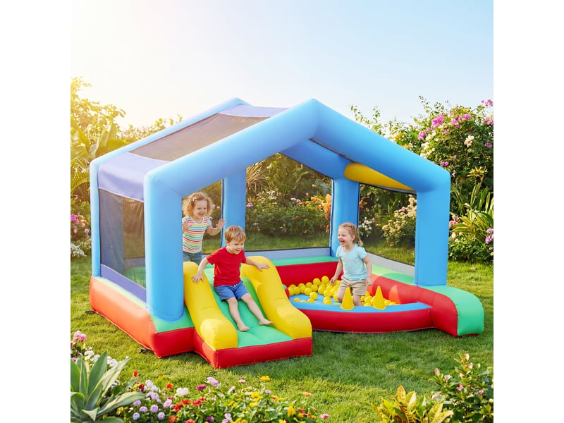  Château gonflable pour enfants avec souffleur, toboggan, trampoline, piscine à balles, jeu de cerceaux et auvent  - Conforama C