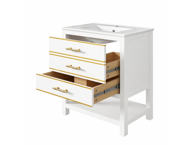 Meuble vasque blanc 76 cm avec lavabo en céramique, 2 tiroirs, niche ouverte et poignées dorées - Conforama A