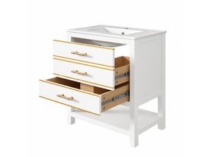 Meuble vasque blanc 76 cm avec lavabo en céramique, 2 tiroirs, niche ouverte et poignées dorées