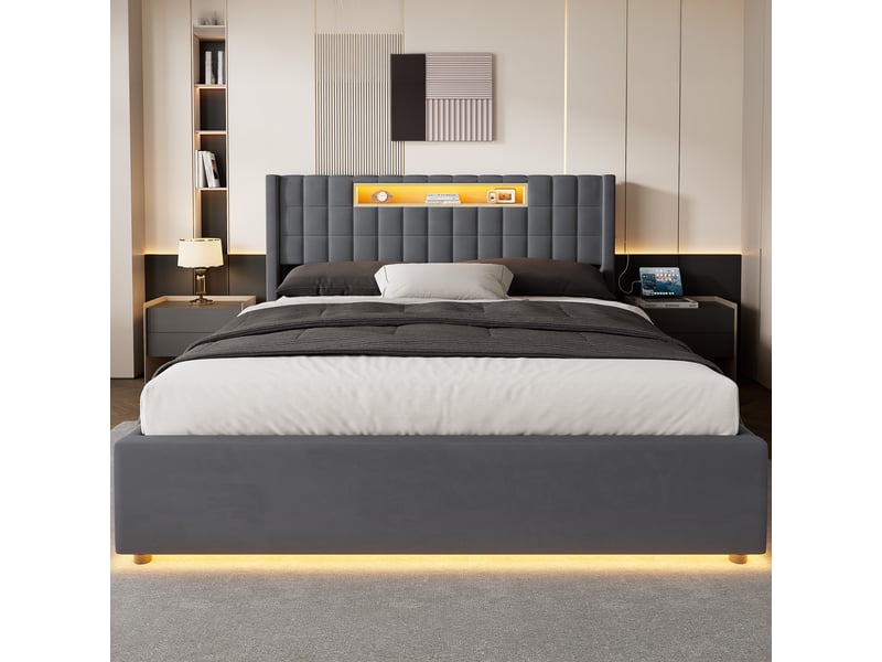  Lit coffre 160x200 cm, lit double adulte avec led et rangement, métal, gris (sans matelas)  - Conforama B