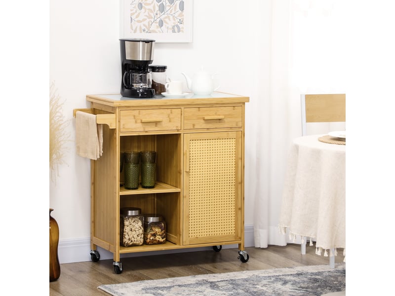  Chariot de cuisine avec 2 tiroirs, placard et roulettes - lpospi - plan en verre, bambou naturel - 84 × 36 × 85 cm  - Conforama C