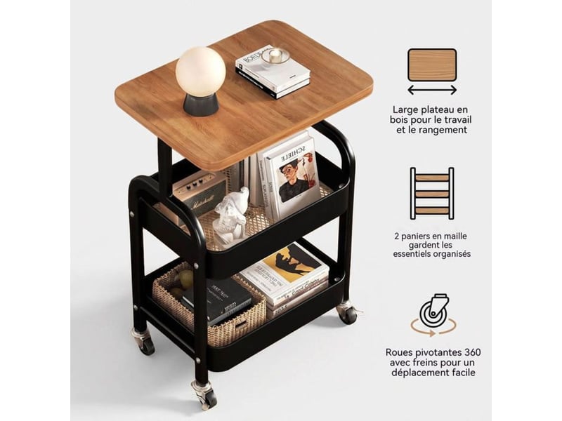  Chariot roulant multifonction 3 niveaux 43x30x60 cm cadre metal noir plateau bois 414350_AACSW71051_6_DROPFR - Conforama B