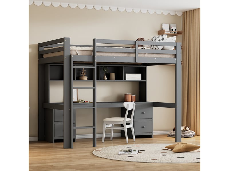  Lit mezzanine avec bureau et rangement, lit enfant 90x200 cm en bois, lit surélevé gris avec escalier robuste  - Conforama B