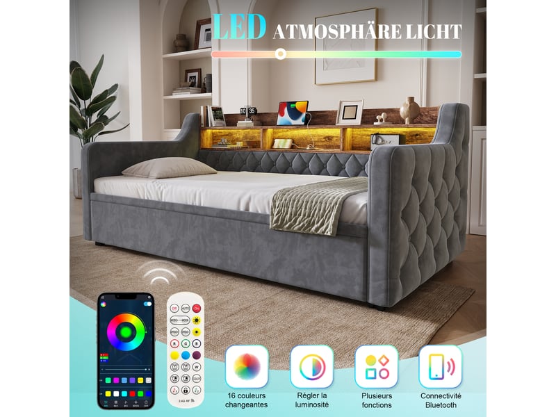  Canapé-lit 90x190 cm, lit enfant, couchage d'appoint, sommier à lattes, couchage gigogne extensible, led, velours gris foncé  - Conforama W