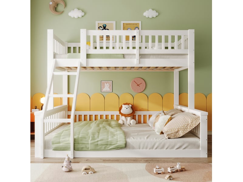 Lit superposé 90x200cm+140x200cm sécurité garde-corps escalier pin pour enfants design simple blanc sans matelas - Conforama B