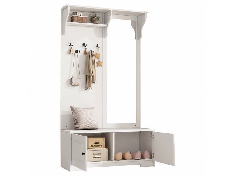  Meuble d’entrée avec miroir et banc à chaussures, 5 patères, 2 placards, 100 x 40 x 180 cm, blanc  - Conforama A