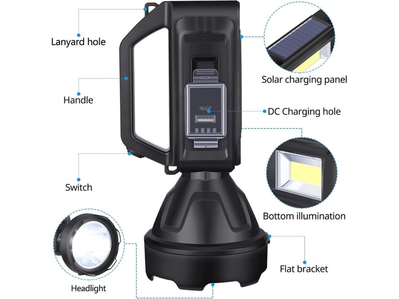 Lampe torche avec éclairage latéral, charge solaire, étanche ipx4, convient aux éclairages de secours familiaux - Conforama B