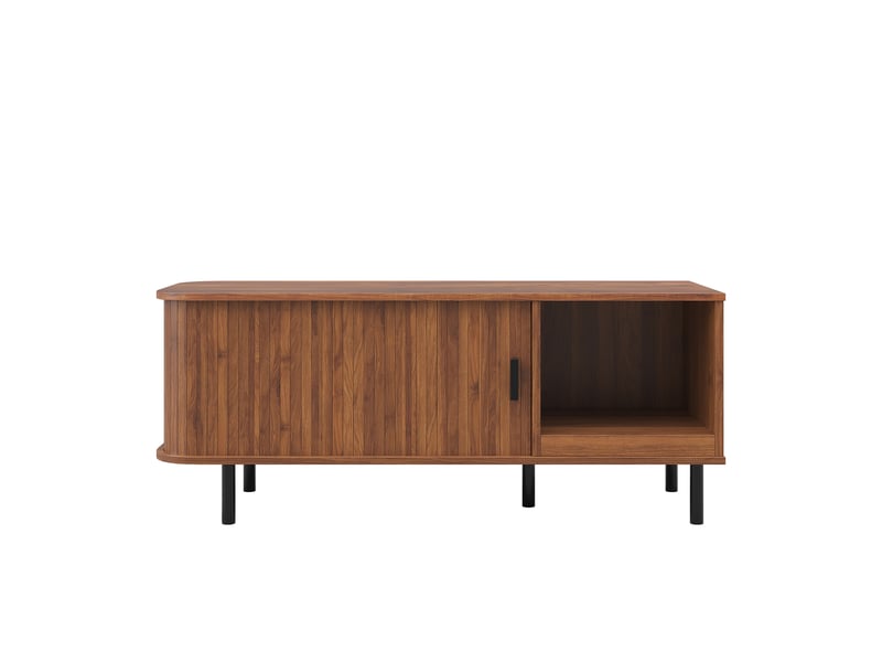  Table basse avec porte coulissante cannelée et niche de rangement, 110 cm, effet noyer et pieds métal  - Conforama A