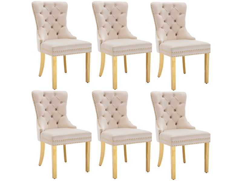 Chaise de salle à manger en velours avec anneau dorsal et pieds en acier inoxydable doré beige  - Conforama A