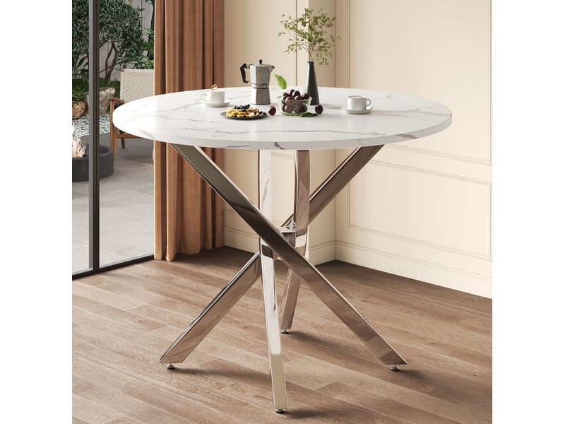  Table à manger ronde 80 x 80 x 75 cm, plateau effet marbre, blanc argenté  - Conforama E