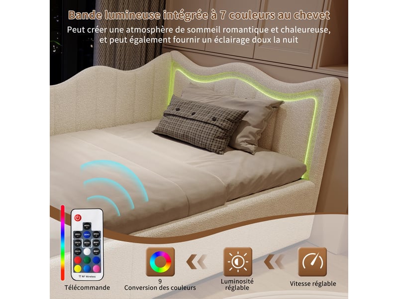  Lit coffre 90x200cm - lit enfant 90x200 - lit simple rembourré tissu bouclette avec éclairage led rgb, dossier vague - blanc  - Conforama D