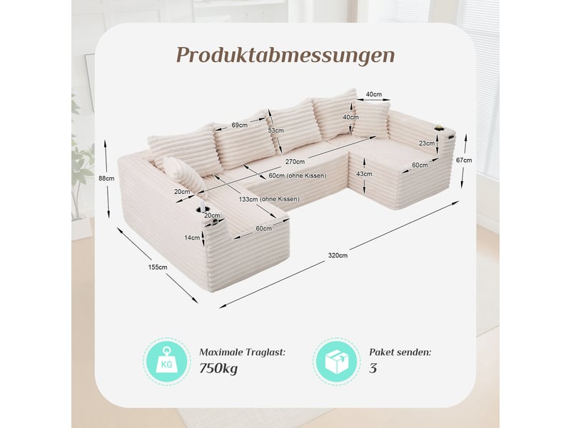 Canapé panoramique en u modulable avec porte-gobelets, poches et coussins en velours côtelé beige, 320 × 155 × 88 cm - Conforama D