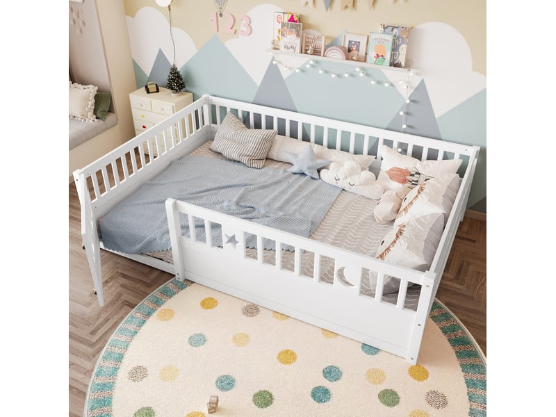  Lit enfant 140 x 190 cm verrou de sécurité barrières décor étoiles lune montage facile pin blanc sans matelas  - Conforama D