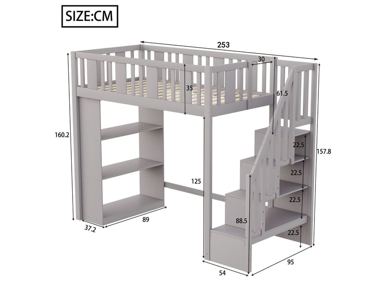  Lit mezzanine 90x200, structure bois massif lit mezzanine enfant, escalier rangements intégrés, garde-corps sécurité  - Conforama C