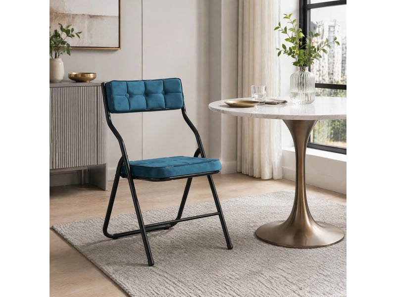 Chaises de salle à manger pliantes lot de 2 avec coussin  - dossier incurvé 110°, acier et velours bleu  - Conforama C