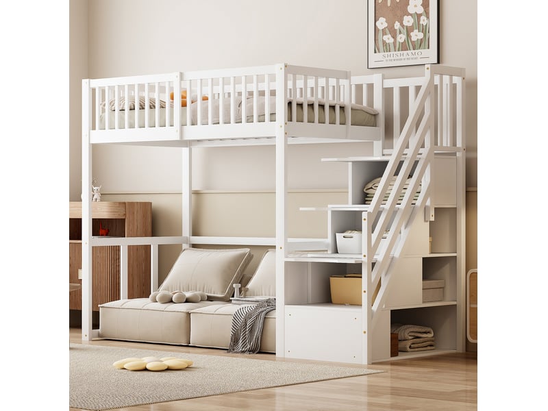  Lit mezzanine 90x200 cm, design moderne, espace de rangement, avec escalier de rangement, bois, blanc, sans matelas  - Conforama D