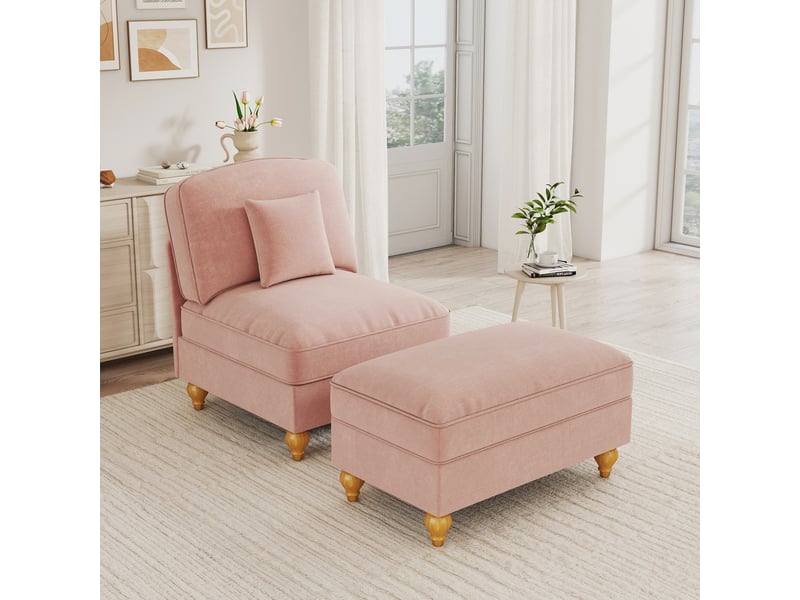  Fauteuil classique modenvie en chenille rose avec repose-pieds mobile, jupe à volants amovible et coussin  - Conforama B