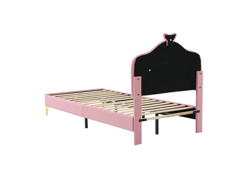  Lit enfant rembourré pu rose 90x200 cm, tête de lit ondulée avec nœud et led multicolore  - Conforama E