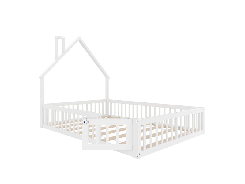 Lit cabane enfant 140 x 190 cm - lit avec sommier à lattes - bois massif - garde-corps sécurité - design cheminée - blanc - Conforama E